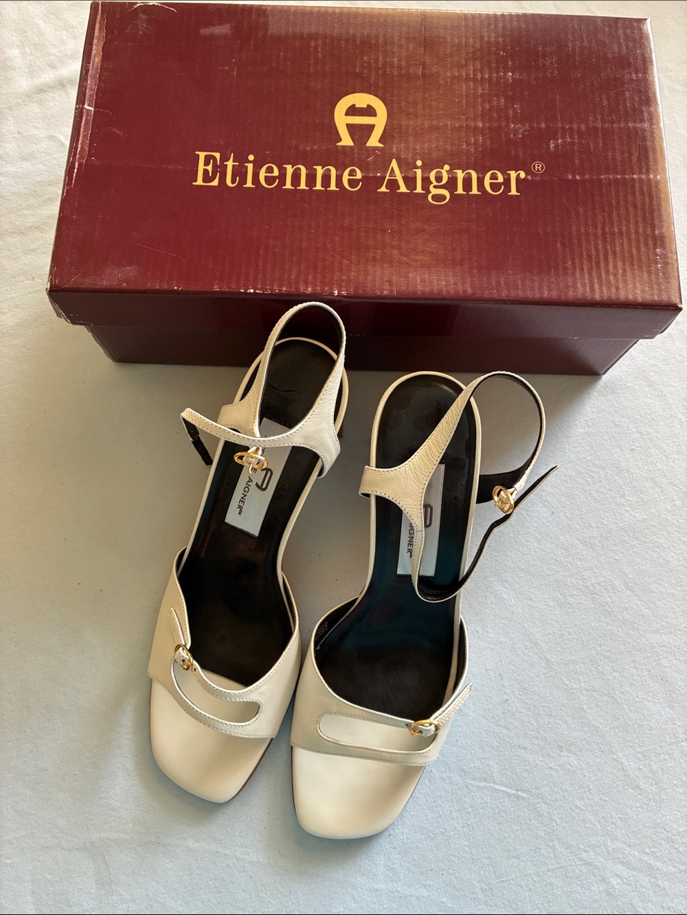 Etienne Aigner Cream Leather Slingback Heels with Gold Accents Size 8.5